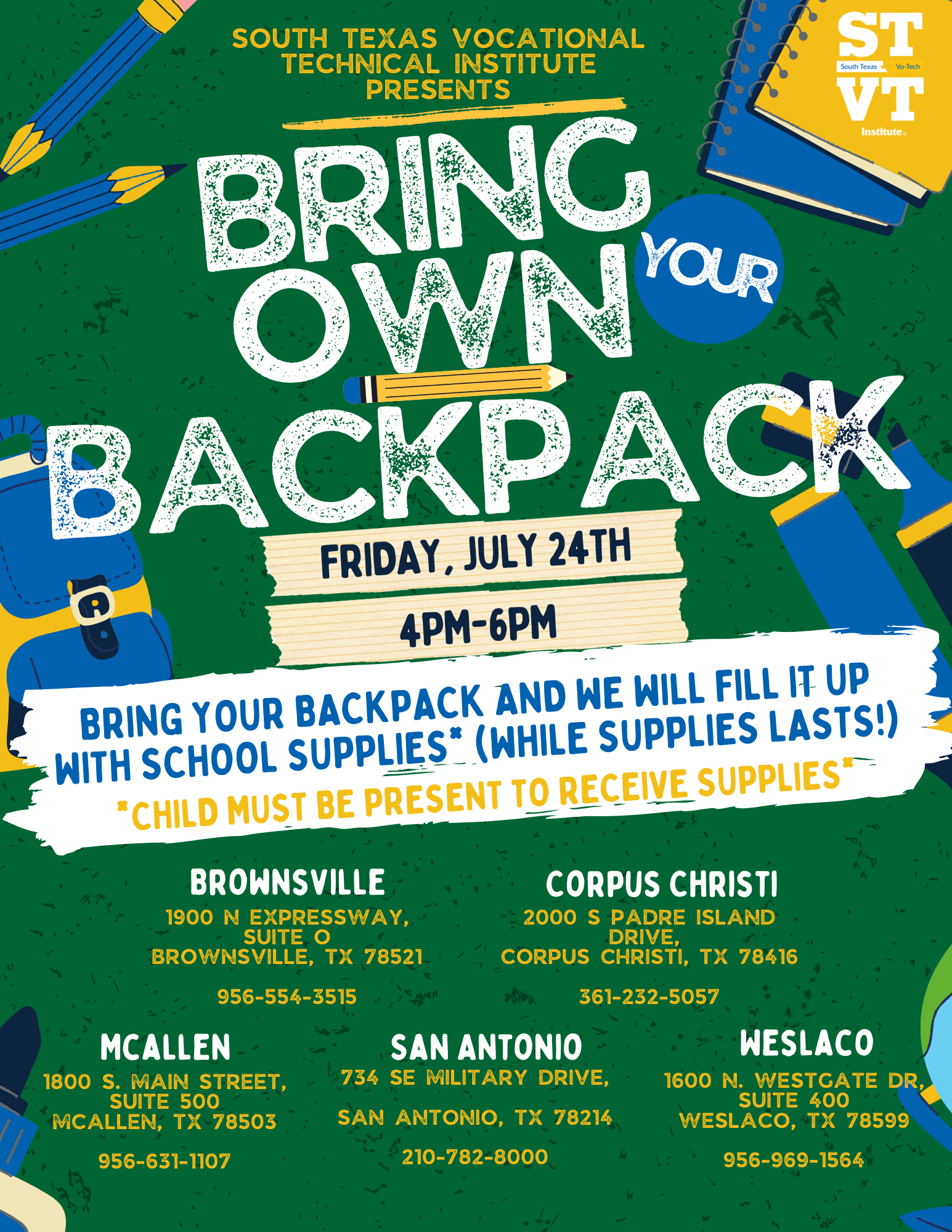 STVT Bring Your Own Backpack Event - South Texas Vocational Institute